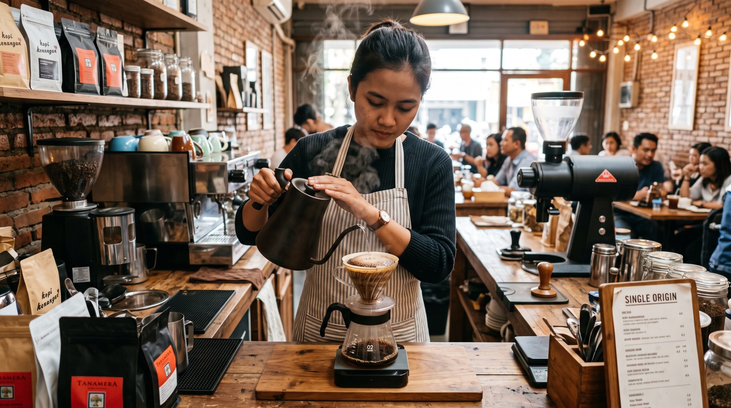 Biji kopi sangrai berkualitas tinggi disandingkan dengan proses penuangan kopi manual brew 1