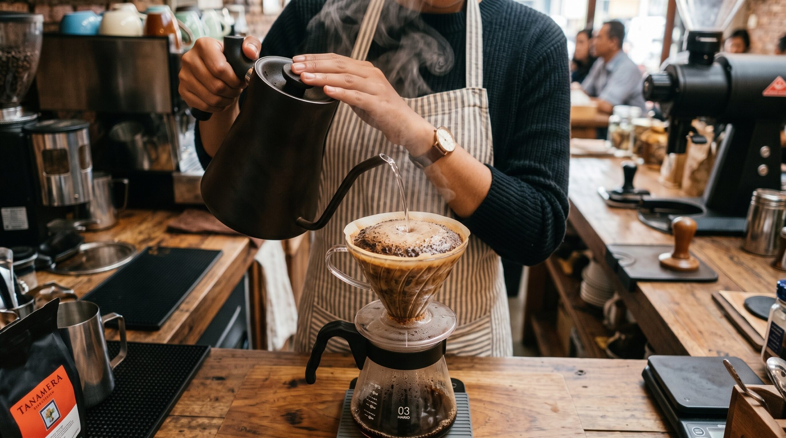 Biji kopi sangrai berkualitas tinggi disandingkan dengan proses penuangan kopi manual brew 2