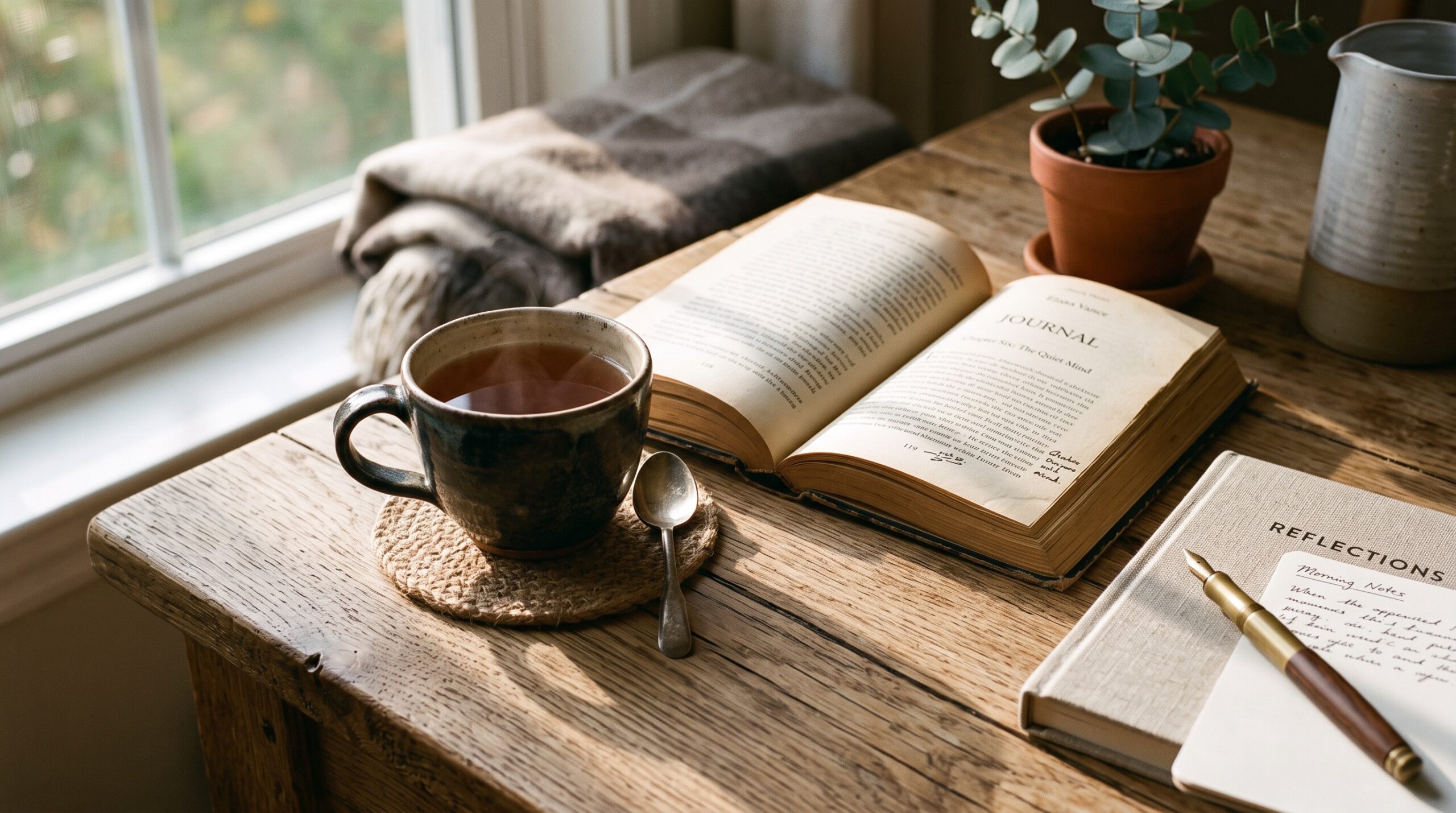 Secangkir kopi hangat di dekat jendela dengan buku terbuka dan suasana rumah yang tenang 2